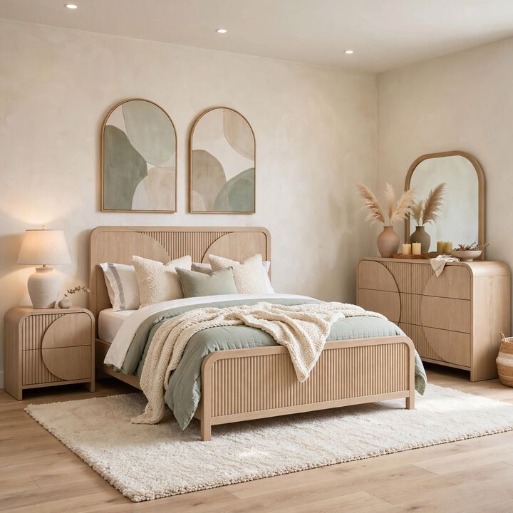 Tanya 4pc Queen Bedroom Set, Dresser Mirror, Reeded Natural Brown