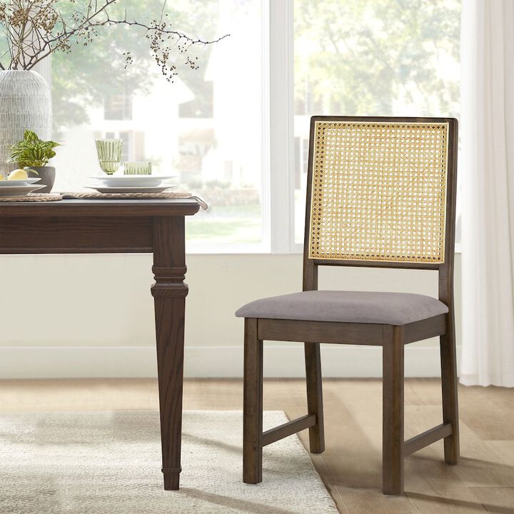 Glamour Home Set of 2 Gray Fabric Dining Chair High Rattan Back and Walnut Wood Legs