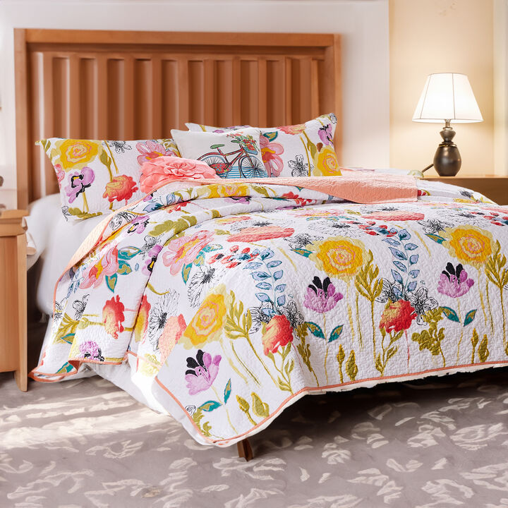 Mavi 5 Piece Reversible Full Quilt Set, Spring Floral Print, Multicolor - Benzara