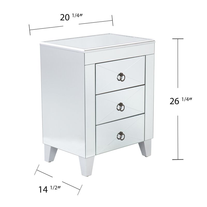 Homezia 26" Silver Manufactured Wood And Iron Rectangular Mirrored End Table With Three Drawers And image number 8