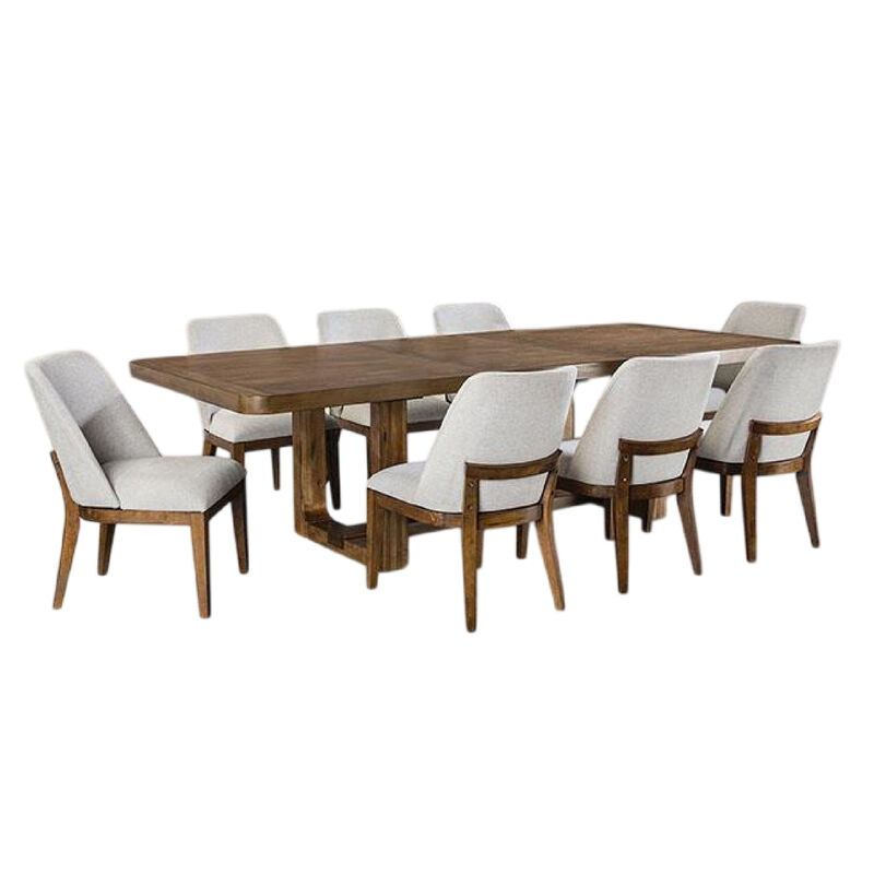 Ramie 9pc Dining Table Set, 84-102 Inch Expandable Leaf, 8 White Chair - Benzara image number 1