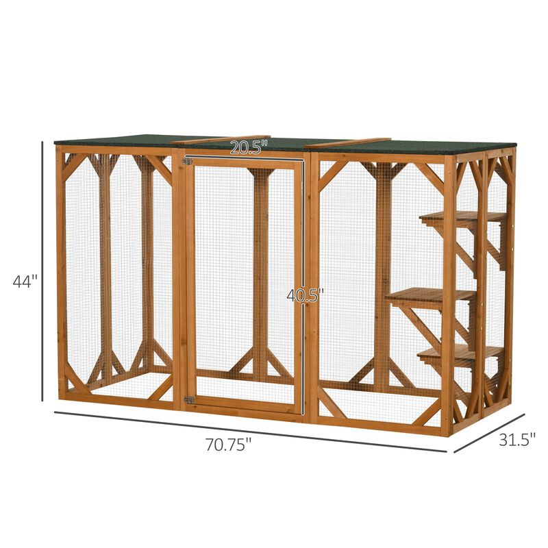 Orange Cat Paradise: 71"L Wooden Outdoor Multi-Level Enclosure