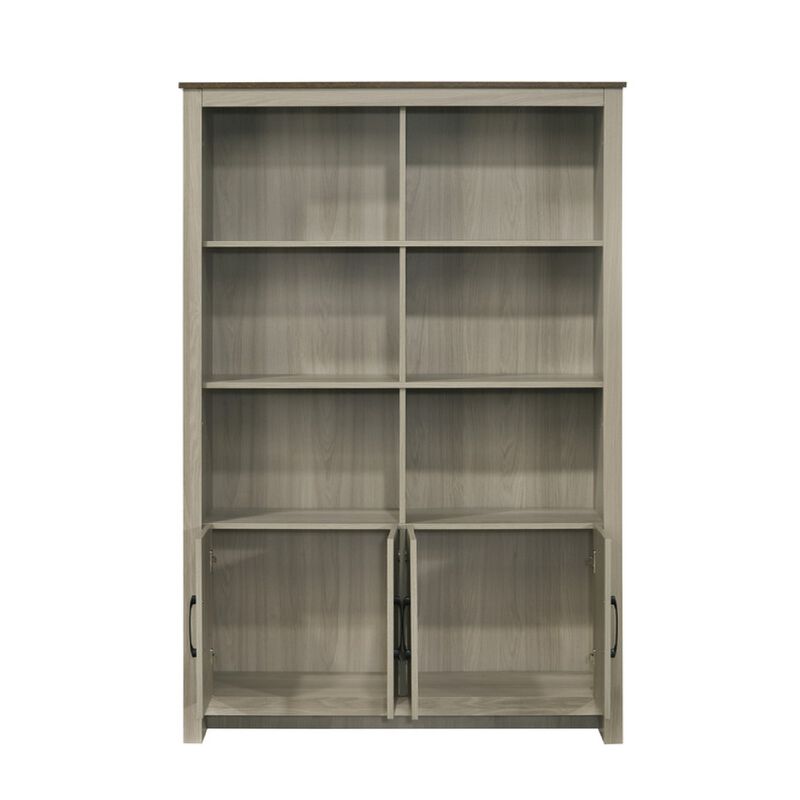 Nena Bookcase with 6 Shelves and 4 Cabinet Doors, Gray Wood 71 Inch - Benzara