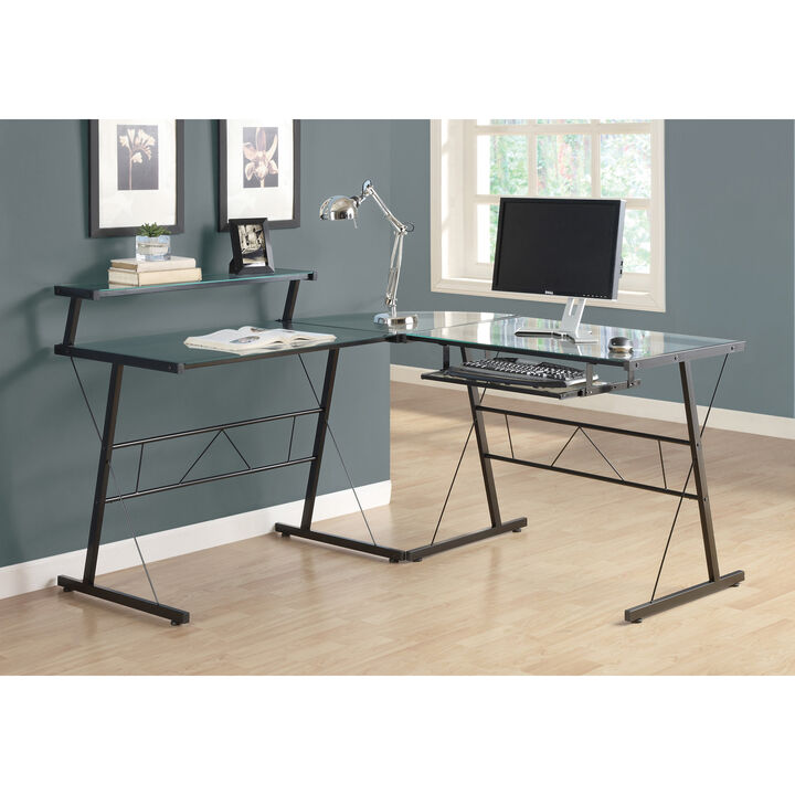 Monarch Specialties I 7172 Computer Desk, Home Office, Corner, L Shape, Work, Laptop, Metal, Tempered Glass, Black, Clear, Contemporary, Modern