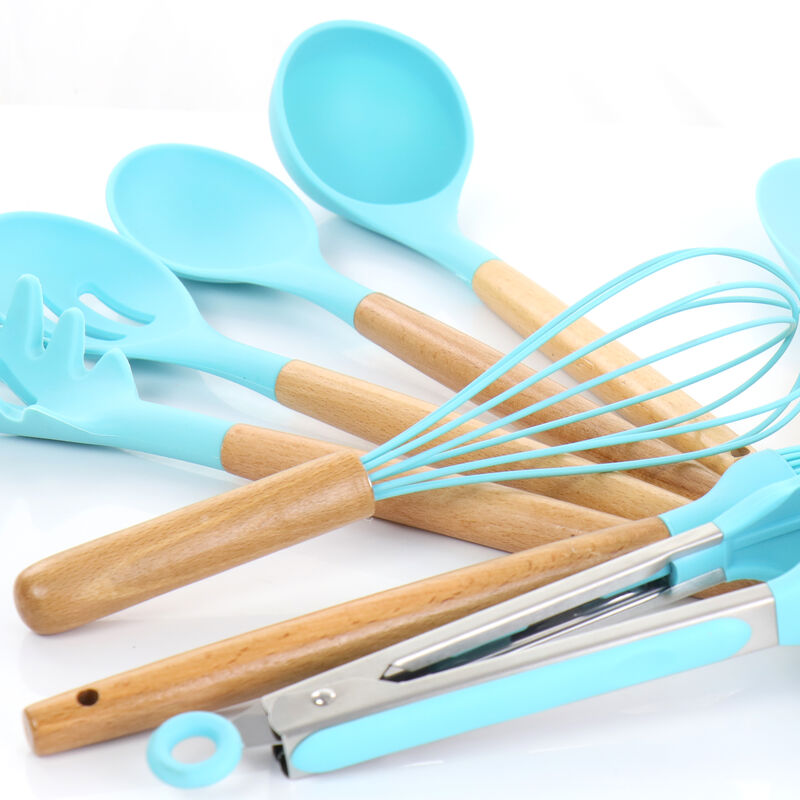 MegaChef Light Teal Silicone and Wood Cooking Utensils, Set of 12