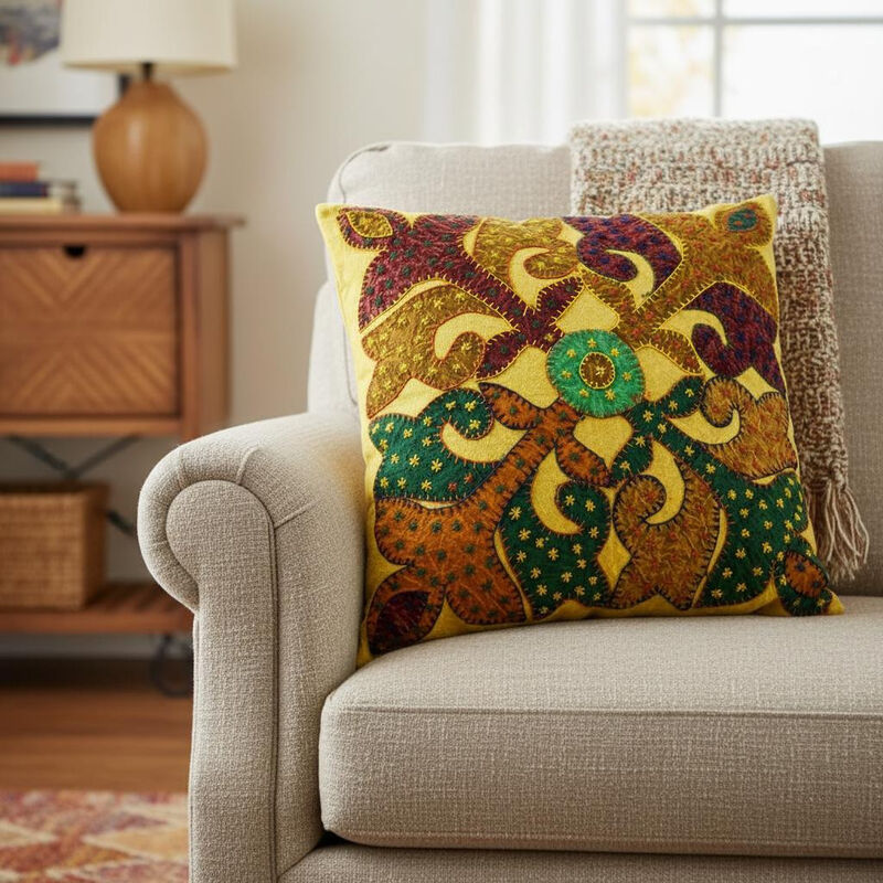 Set of Two 16" Brown And Green Patchwork Floral Cotton Throw Pillows image number 1
