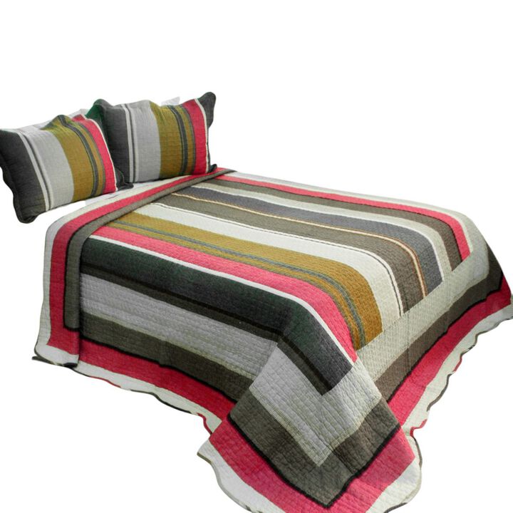Multicolor Stripe Queen 3PC Cotton Quilted Printed Bedding Set Soft Lightweight Quilt Set