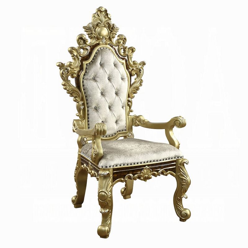 Mara Dining Armchair Set of 2, Crystal Tufted, Gold Floral Carvings  - Benzara image number 0