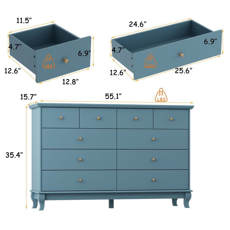 10 Drawer 55.1" W Double Dresser