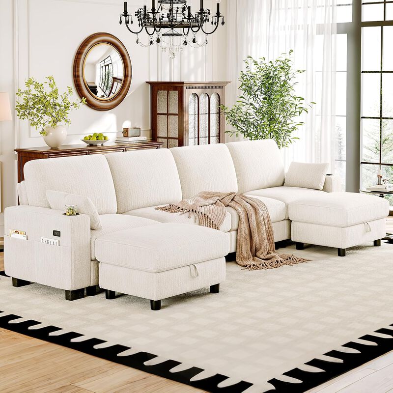 Vipbear 128" Modular Sectional Sofa, Chenille U Shaped Cloud Couch with Ottoman Adjustable Backrest image number 9
