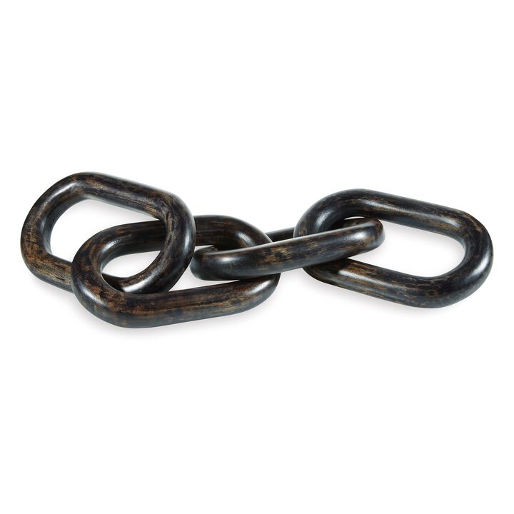 Delby Tabletop Sculpture Home Decor, Wood Link Chain, Distressed Black - Benzara