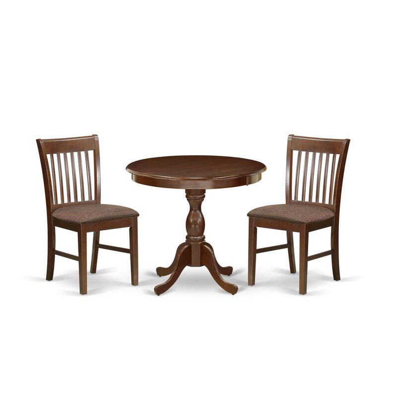 AMNF3-MAH-C 3 Piece Dining Table Set - 1 Round Pedestal Table and 2 Mahogany Dining Chairs - Mahogany Finish
