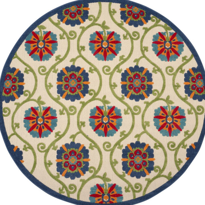 HomeRoots 8' Navy Blue Beige Green Blue And Red Round Floral Indoor Outdoor Area Rug