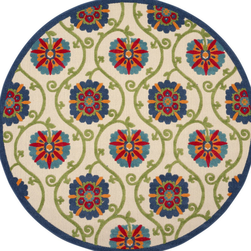 HomeRoots 8' Navy Blue Beige Green Blue And Red Round Floral Indoor Outdoor Area Rug image number 0