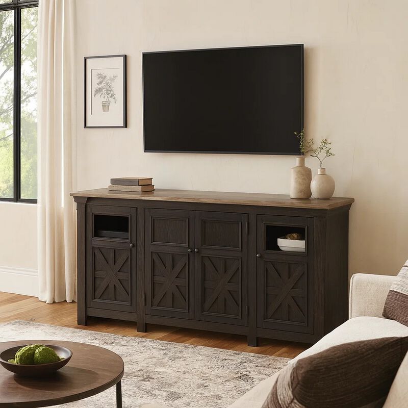 Dual Tone Wooden TV Stand with Four Cross Buck Doors Storage, Extra Large, Brown and Black image number 1