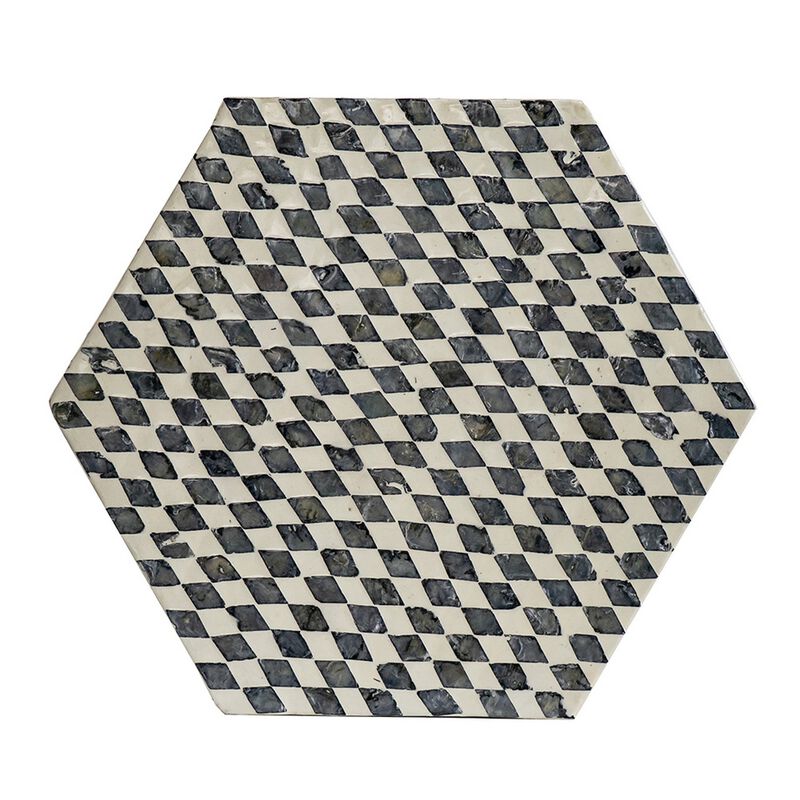 17 Inch Modern Hexagonal Table Stool, Capiz Inlaid Platform, White, Black