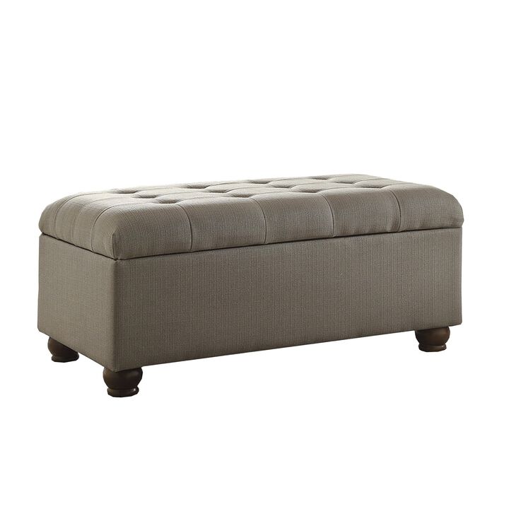 Textured Fabric Upholstered Button Tufted Storage Bench With Wooden Bun Feet, Gray and Brown - Benzara