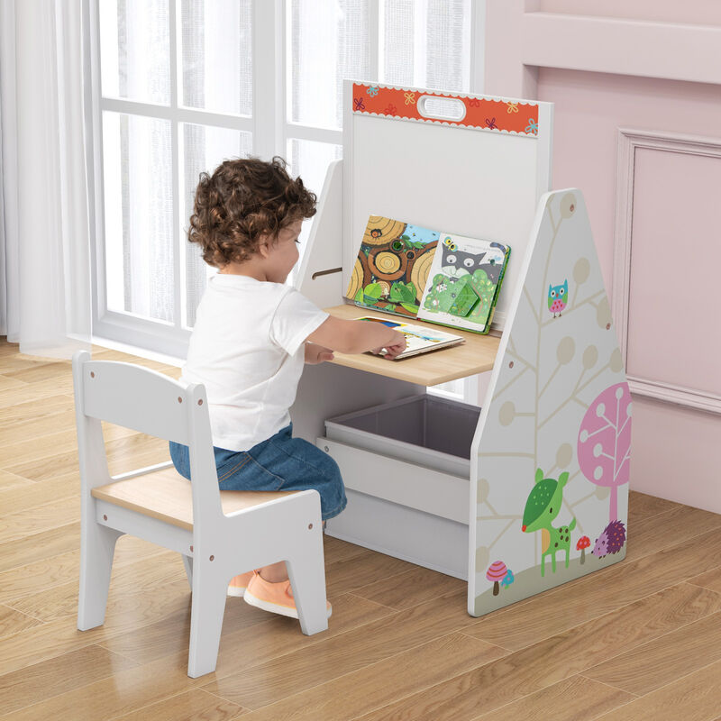 3-in-1 Kids Easel and Play Station Convertible with Chair and Storage Bins