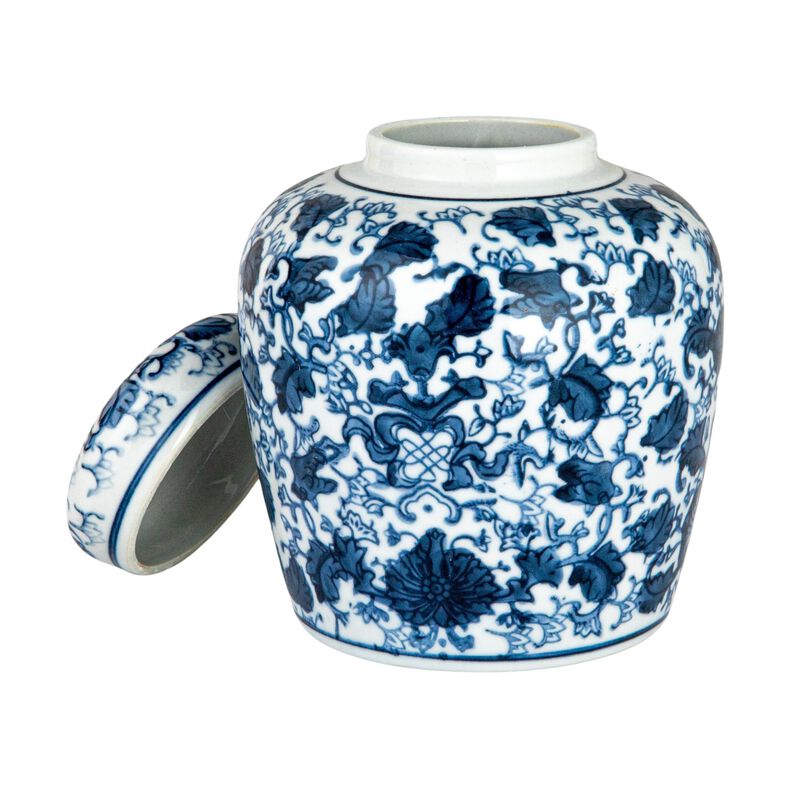 Small Decorative Ceramic Ginger Jar with Lid, Blue and White Floral Pattern image number 4
