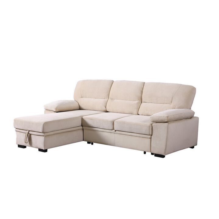 Exie 98 Inch 2 Piece Sectional Sofa, Pull Out Bed, Storage, Beige Velvet-Benzara