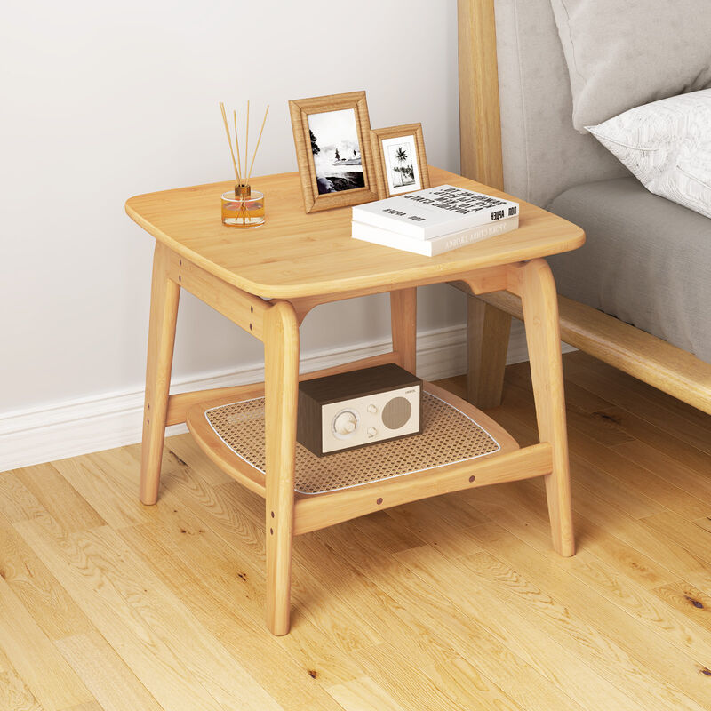 Boho Wicker Sofa Side Table with Faux Rattan Storage Shelf