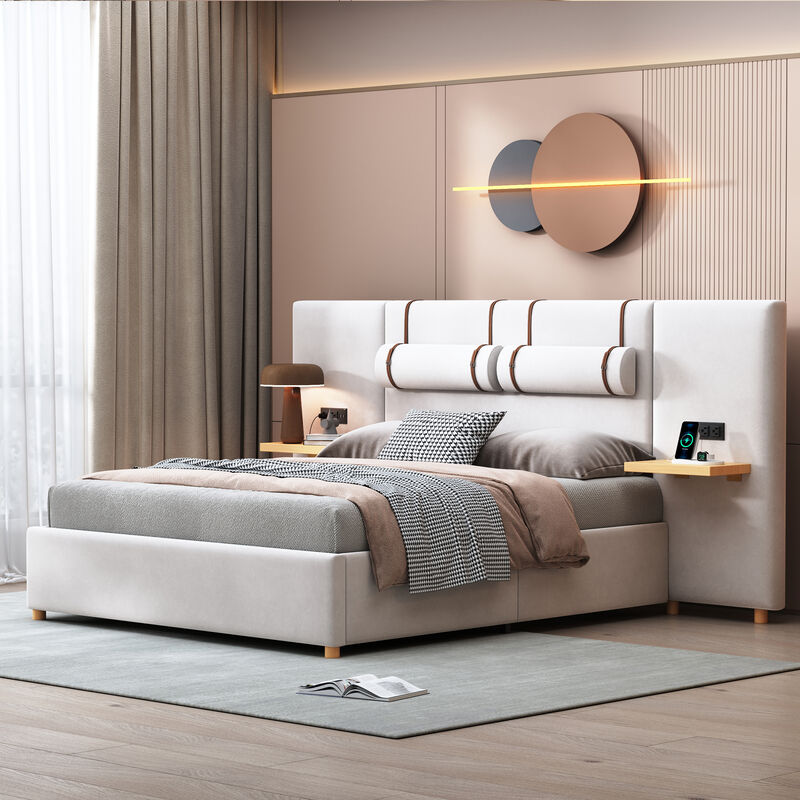 Merax Velvet Platform Bed  with Built-in Pillows