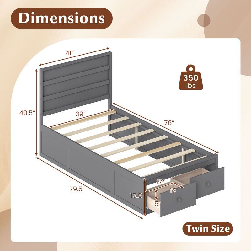 Twin Platform Bed Frame with Built-In Storage Drawers and Headboard image number 2