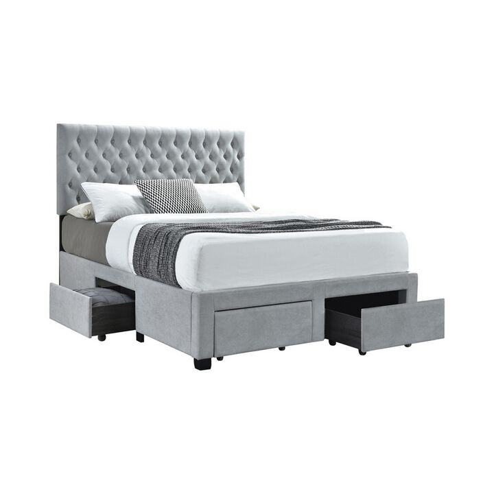 Fabric Upholstered Wooden Eastern King Size Bed with Bottom Drawers, Gray-Benzara