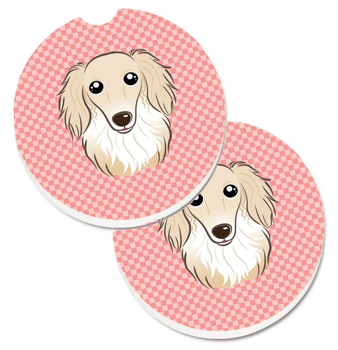 Caroline's Treasures Checkerboard Pink Longhair Creme Dachshund Set of 2 Cup Holder Car Coasters BB1212CARC, 2.56, Multicolor