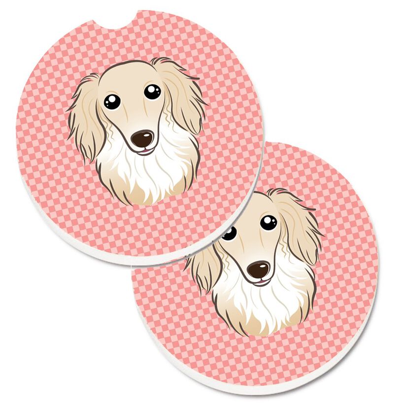 Caroline's Treasures Checkerboard Pink Longhair Creme Dachshund Set of 2 Cup Holder Car Coasters BB1212CARC, 2.56, Multicolor