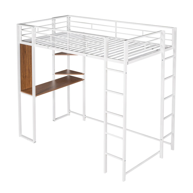Whisen Twin Size Metal Loft Bed with Built-in Desk, Shelf and Ladder