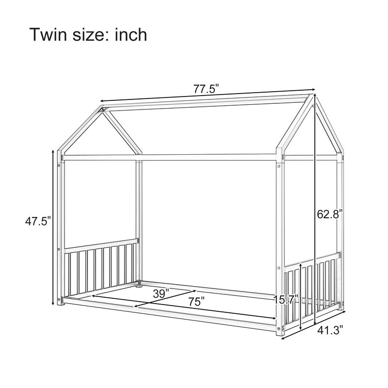 Merax Montessori Style Metal Floor Bed Frame, House Shaped Bed with Fence for Kids and Toddlers image number 7
