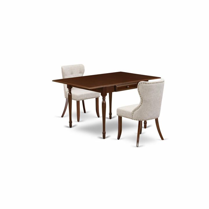 East West Furniture East-West Furniture MZSI3-MAH-35 - A dining set of two excellent kitchen chairs using Linen Fabric Doeskin color and an attractive dining table with Mahogany Finish