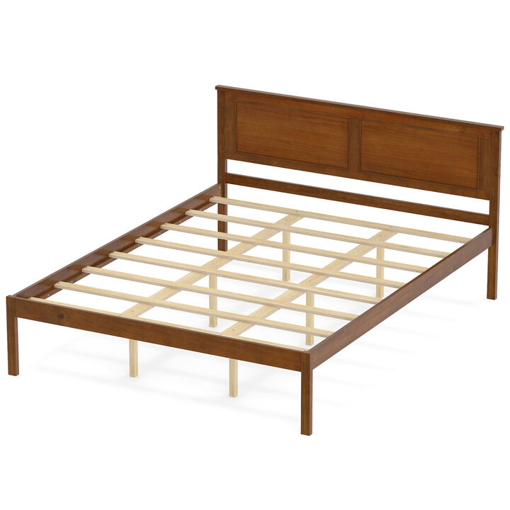 Farmhouse Wood Bed Frame with Headboard and Platform Design for Bedroom-Walnut