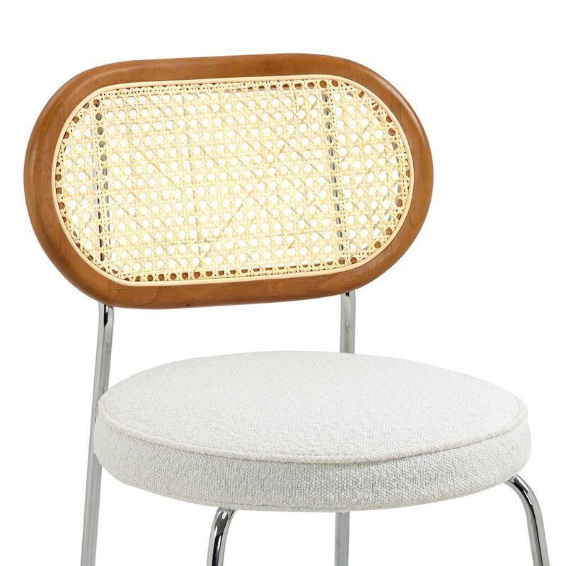 Glamour Home Set of 2 White Boucle Fabric Dining Chair Rattan Backrest and Chrome Legs