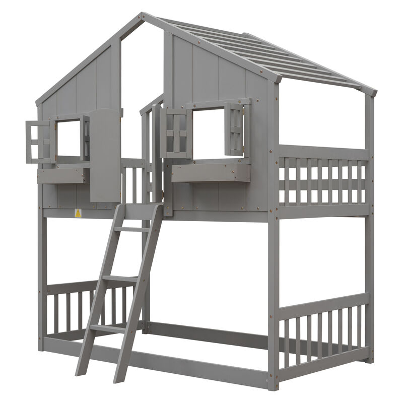 Whisen Twin over Twin House Bunk Bed with Roof, Window, Window Box, Door, with Safety Guardrails and Ladder - White