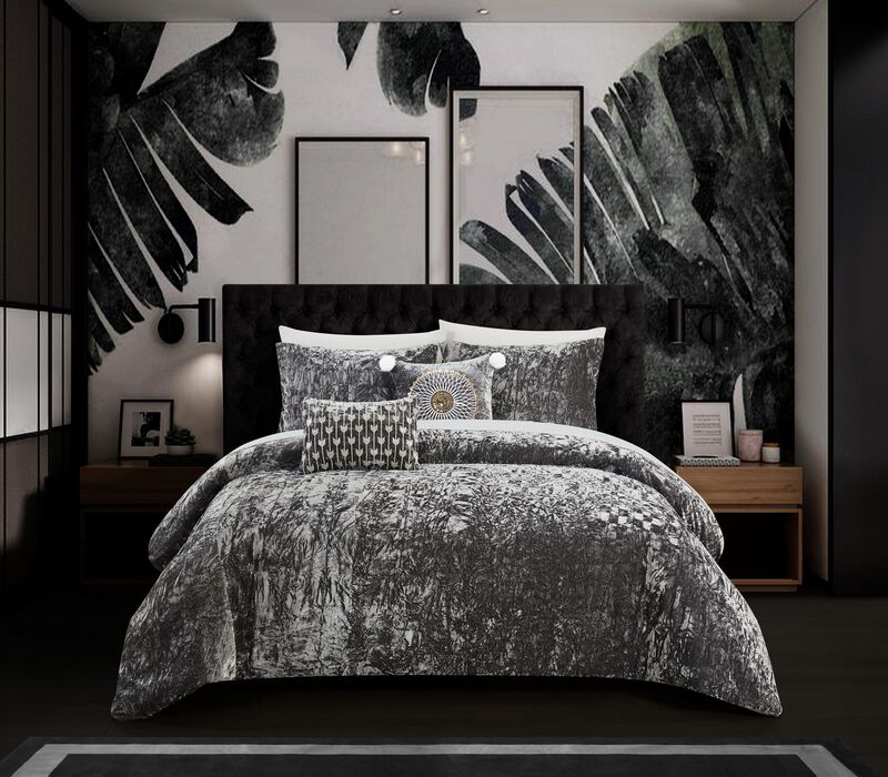 Chic Home Alianna Comforter Set Crinkle Crushed Velvet Bed In A Bag - Sheet Set Decorative Pillow Shams Included - 9-Piece - Queen 90x92", Grey