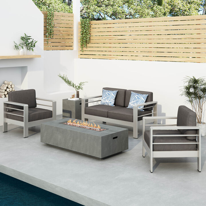Christopher Knight Home Gildon Outdoor Aluminum 4 Seater Chat Set with Dark Gray Fire Pit