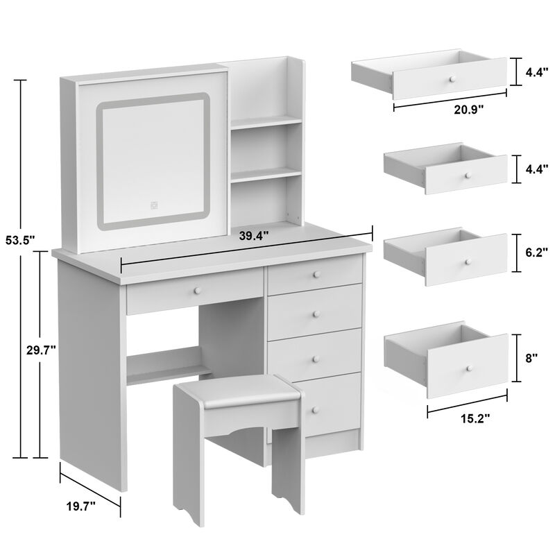 5-Drawers White Makeup Vanity Sets Dressing Table Sets with LED Dimmable Mirror, Stool and 3-Tier Storage Shelves