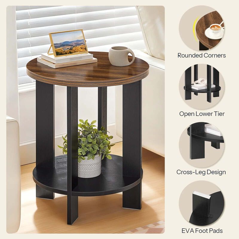 Farmhouse End Table with Two-Tier Storage Shelf and Round Design-Brown image number 7