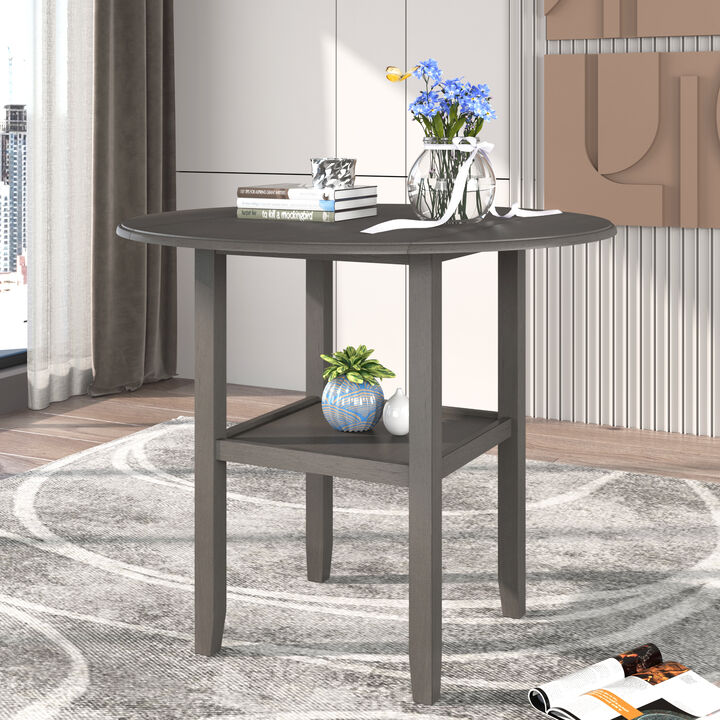 Farmhouse Round Counter Height Kitchen Dining Table with Drop Leaf and One Shelf for Small Places, Gray