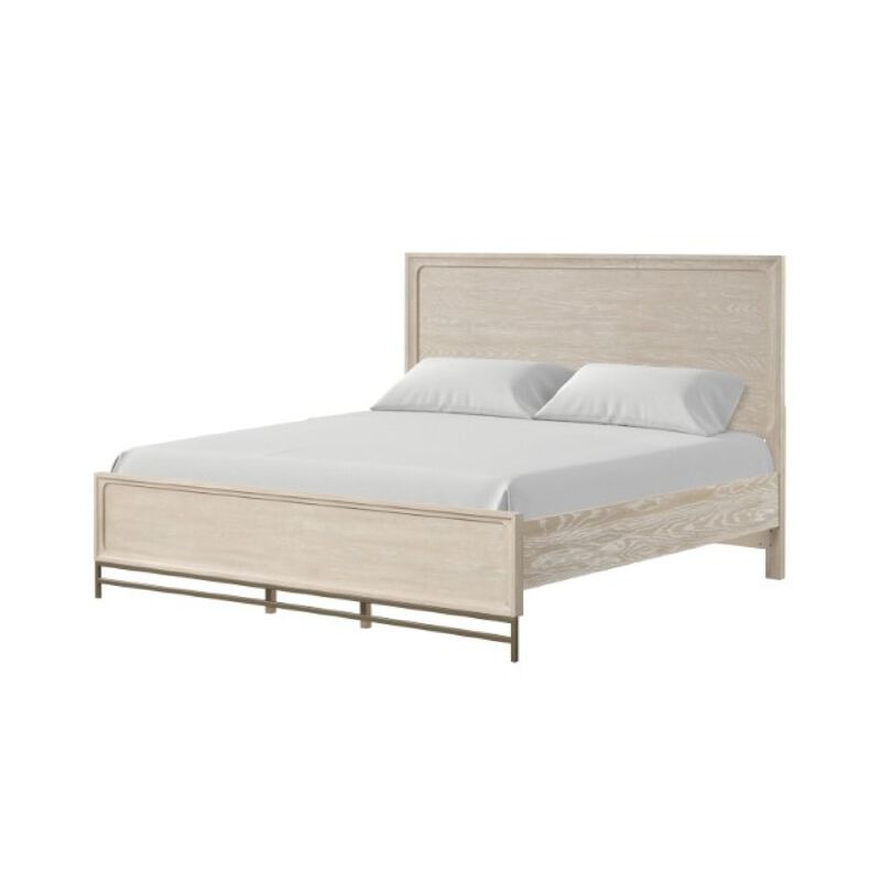 Rozie King Bed with Panel Style Headboard, Metal Legs, Light Oak Wood - Benzara
