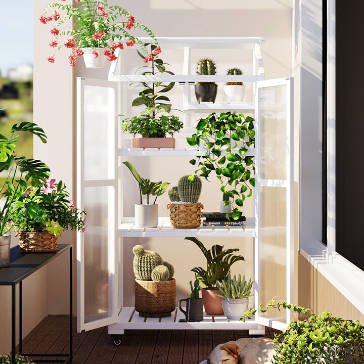 Whisen 62" Garden sheds, Greenhouse, Wood & Polycarbonate with 4 Wheels & 3-Tier Shelves, Indoor Outdoor Garden Use
