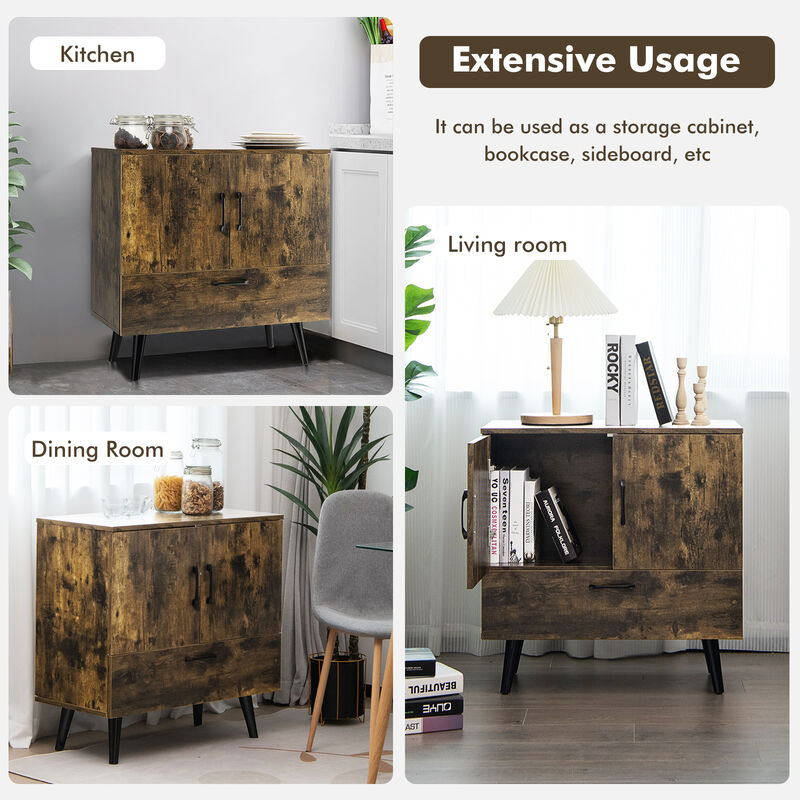 Mid Century Storage Cabinet with 2 Doors and 1 Pull-out Drawer-Rustic Brown