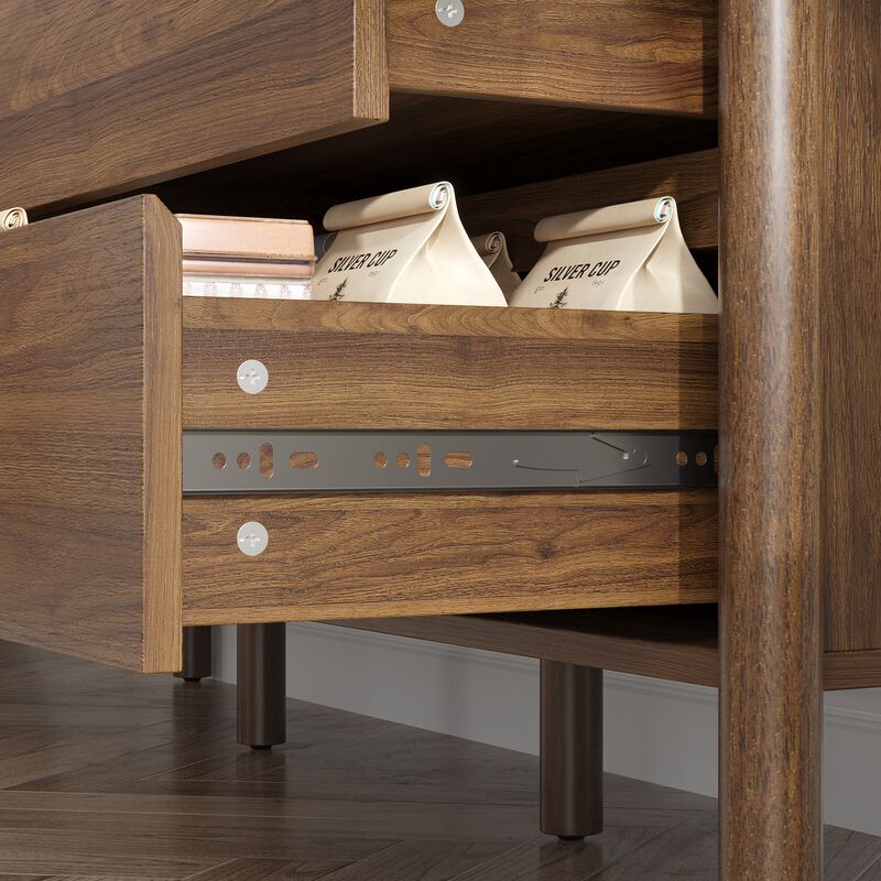 FUFU&GAGA Round Leg 2-Door 3-Drawer Cabinet with Painted Rubberwood Legs, 15mm Particleboard Construction, and Faux Thick Panel, (59"W x 16.5"D x 30.9"H) , Brown image number 8