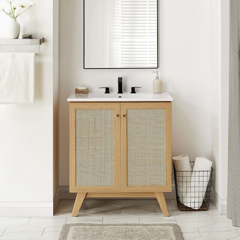 Modway Soma Rattan Weave Bathroom Vanity Cabinet (Sink Basin Not Included), 30 Inch, Oak image number 9