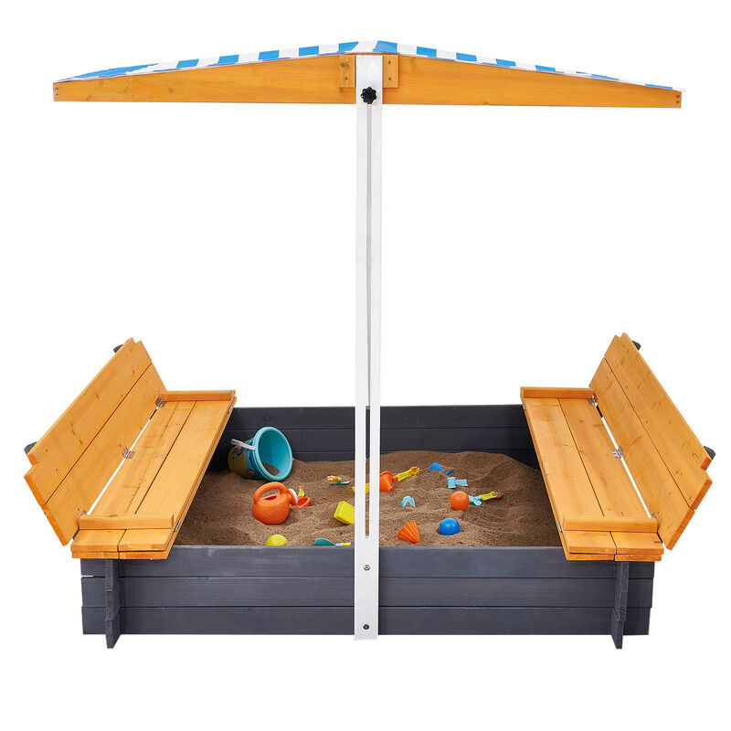Outdoor Wooden Sandbox with Adjustable Canopy, Foldable Seats and Bottom Liner for Kids image number 6