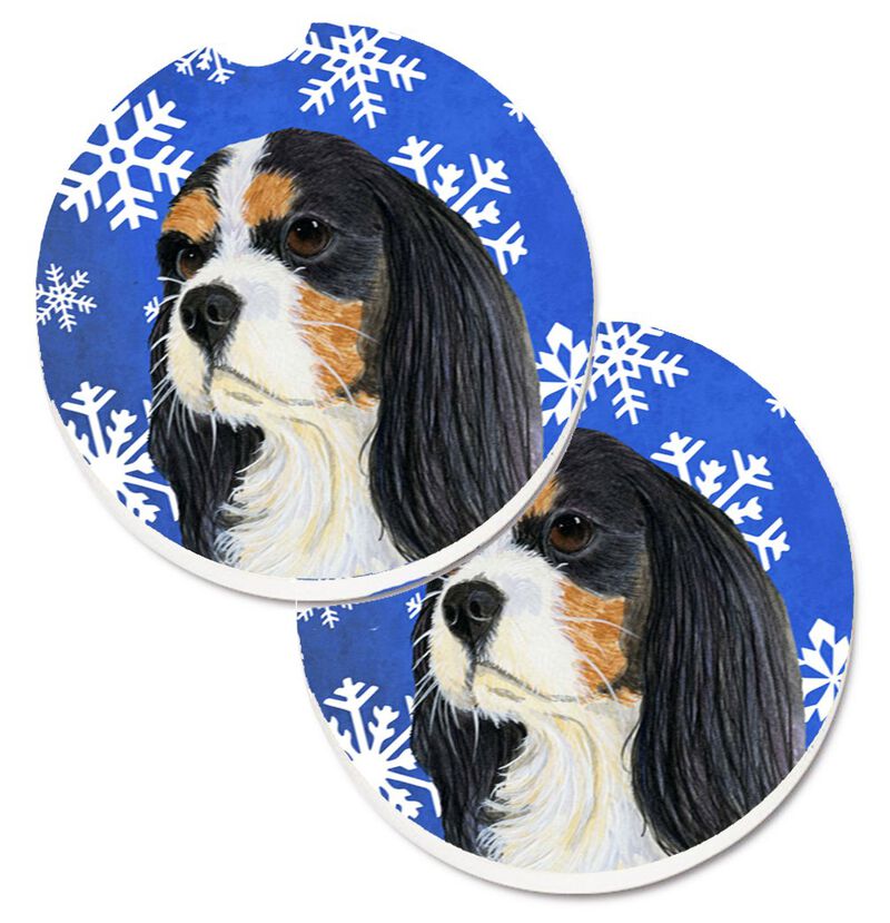 Caroline's Treasures Cavalier Spaniel Winter Snowflakes Holiday Set of 2 Cup Holder Car Coasters LH9279CARC, 2.56, Multicolor image number 0