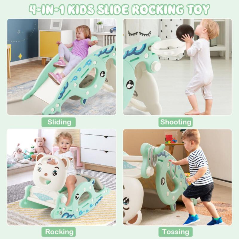 Hivvago 4-in-1 Kids Slide Rocking Horse with Basketball and Ring Toss