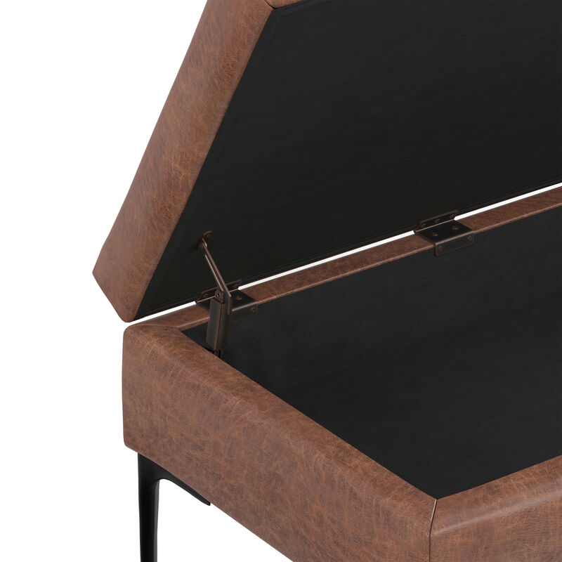 Rebecca 36 inch Wide Mid Century Rectangle Rectangular Coffee Table&nbsp;Storage Ottoman with Lift Up Lid in Distressed Saddle Brown Distressed Vegan Faux Leather, Assembled image number 9